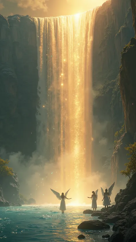 "A celestial waterfall cascades from the sky, its waters glowing with golden light. Angels gather at its edge, their reflections shimmering in the divine pool below."