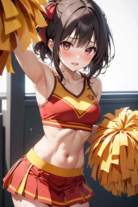  cheerleader,  sweaty, Beauty, Blush 1.5, 羞恥:1.5,  tight abs, (Megumin), masterpiece:1.5, masterpiece, highest quality, UHD, retina, masterpiece, accurate anatomy, super detailed, high quality, best quality, 8k