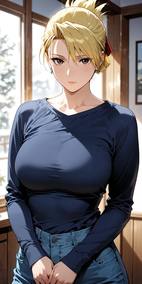 Masterpiece, mature woman, riza hawkeye, slim, upper body, long sleeve shirt, ultra detailed, highres, absurdres, home, portrait, semi realistic