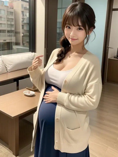   S212  、 My big breasts are showing , , reveal,   Korean style beauty ,   long hair,   stylish,   Neat  、VERY BIG BIG BREASTS   :1.4、city、  get dressed、  ponytail hair、 pregnant woman with big belly、immediately 、 lower the bangs、pain、Hide your belly、 indo...