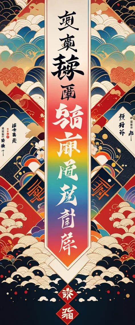 ( Masterpiece, top quality, very detailed,8k wallpaper),抽象的な色のついた Chinese characters,red letters on black, geometric pattern ,color, lively, sharp, straight,  vertical text with small letters ,Old document cover,日本語の Chinese charactersの同義語,日本語の Chinese cha...