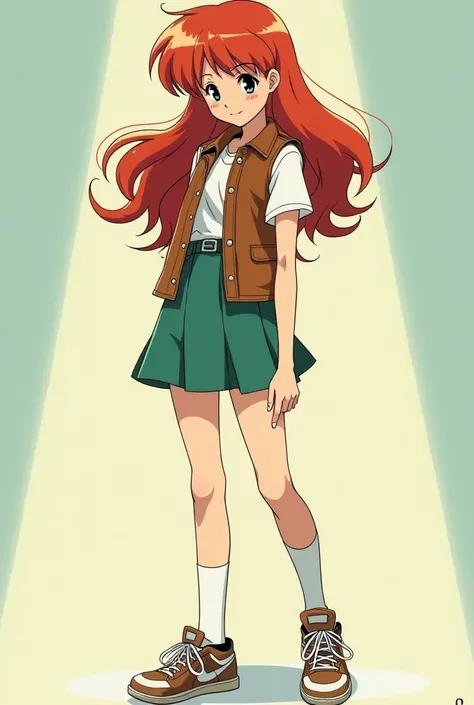 Beautiful young girl in the anime style of the 80s 
white complexion and red-haired hair with brown leather vest with white shirt and strong green miniskirt with short socks and space sneakers 