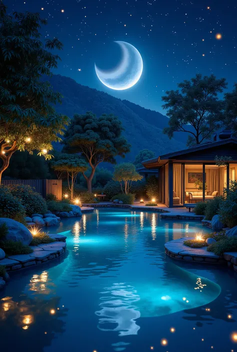 super detailed , very high resolution, masterpiece.
, there was a beautiful big crescent Moon , At night by the pool in my backyard , , Firefly light reflected from the prism,Shine on the water.
various iridescent fluffy fog flash effects