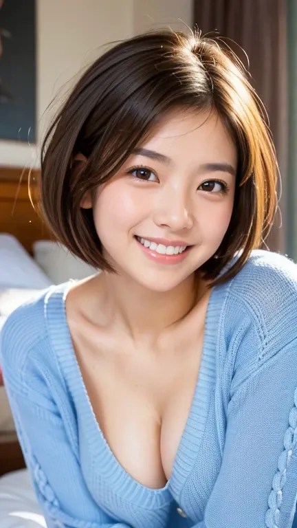 highest quality, masterpiece, ultra high resolution, (realistic:1.4), 32k, Raw photo, 85mm lens, 18-year-old girl, Short hair and bob cut, (big round eyes), very beautiful lips, very beautiful skin, very beautiful long eyelashes, slender body, boobs, (larg...