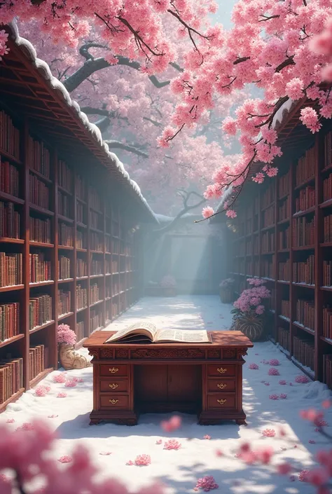    Front view of a Jamonaise library with numerous antique books with a Japanese desk,pink cherry blossoms with snow