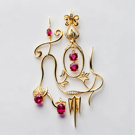 gold brooch,   have no humans,   simple background,   white background , still life，ruby