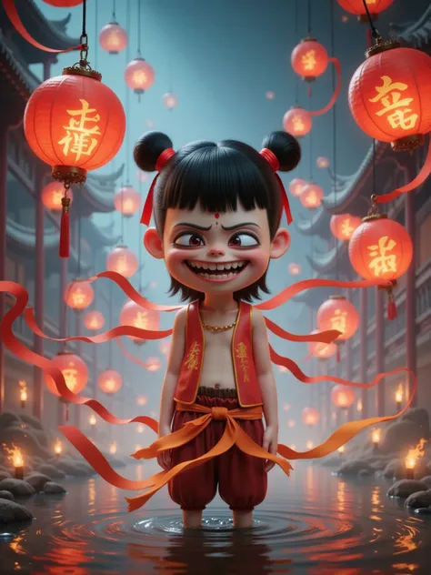  surrealism , Realism, Q version,   laughing Nana , Smoky Eyes,  dark circles,  at Nanjing Confucius Temple ,Look at the lanterns,  intangible heritage lanterns , Cute and funny, Moe,  realistic scenery , CG special effects,  Minimalist,  highlight the sub...