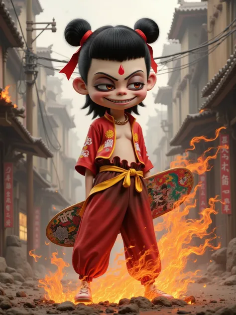 (((Vision))), (((whole body))), Young Nezha, full body, black double bun hairstyle, hair flying in the wind, head slightly raised, light shining on the face, arrogant expression, misanthropic, proud expression, facial light, facial translucency, bold use o...