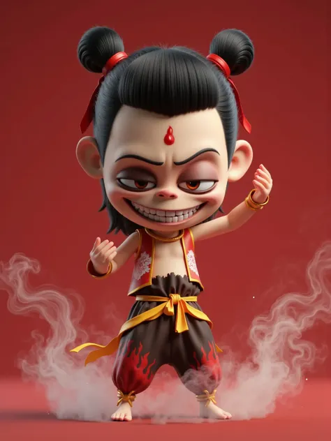 Nezha, cartoon, Q version, dark circles, evil smile, 3D, oc rendering, C4D, red tone, film texture, particles, hazy, smoke