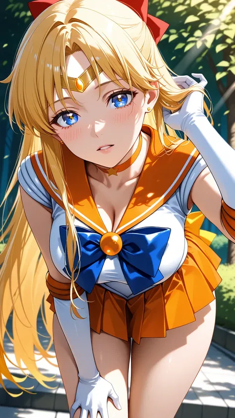 masterpiece, best quality, amazing quality, very aesthetic, high resolution, ultra-detailed, absurdres, newest, 1woman, solo, sailor venus, (sailor venus costumes), breasts, large ass, thick thighs, head tilt, leaning forward, looking at viewer, parted lip...