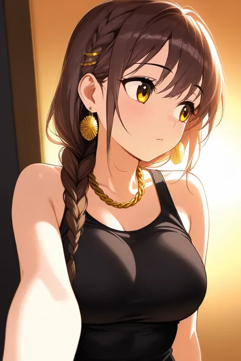  Beautiful girl, alone,  brown hair, ponytail long braid, selfie,  looking to the right, small gold earring, Hand touching the braid,  gold chain around his neck , tight black tank top,  medium large breasts , Golden Hour side lighting 