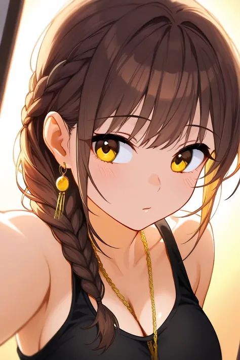  Beautiful girl, alone,  brown hair, ponytail long braid, selfie,  looking to the right, small gold earring, Hand touching the braid,  gold chain around his neck , tight black tank top,  medium large breasts , Golden Hour side lighting 