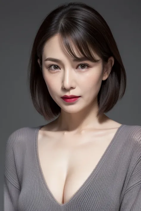 High resolution, masterpiece, Irritated skin, Very detailed, Photorealistic, Professional Lighting, Written boundary depth, sharp, (Gray background), (Front view：1.2),(Japanese Mature, 38 year old women are sexy:1.0), Detailed face, Beautiful Eyes, bangs, ...