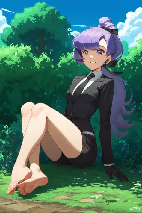 score_9, score_8_up, score_8, medium breasts, (curvy), cute, eyelashes, BREAK, zzAnabel, purple hair, purple eyes, long hair, ponytail, ribbon, hair ribbon, bangs, black ribbon, black suit, formal, black tie, black gloves, BREAK, smile, looking at viewer, ...