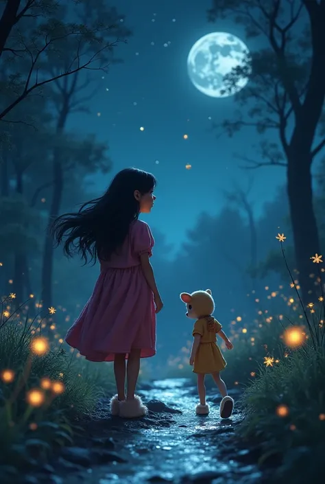 Adora, now in her cozy slippers, walks outside with Twinkle floating beside her. The night is magical, with glowing fireflies and a silver stream reflecting the moonlight. Adora looks determined as she follows Twinkle through the enchanted landscape.