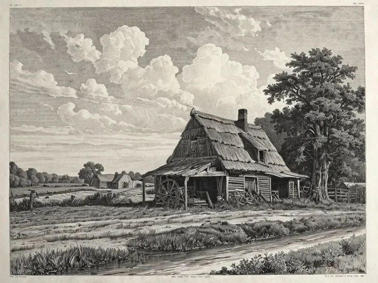 Landscape in pencil, From a Dutch farm from 1876.  hat,  Precise,  tall details , 