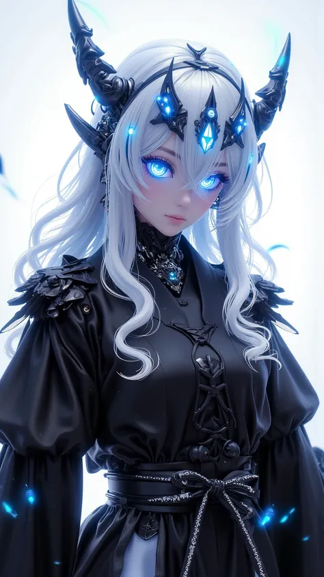 Ghibli Studio, 一位Beautiful lady , Beautiful lady ,  white hair,  Blue glowing horns and eyes ,  places glowing blue horns and eyes,  wearing a black gorgeous outfit ,  wearing a black robe ,  Simple Bright Background :1.2