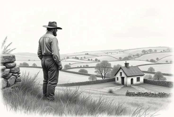 Landscape in pencil,  Of an Irish farm from 1876 .  hat,  Precise,  tall details , 