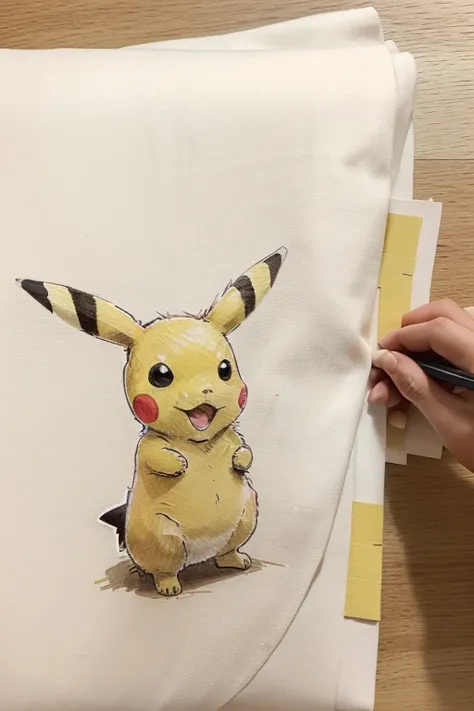 make a sketch of a white sarong fabric with a picture of pikachu