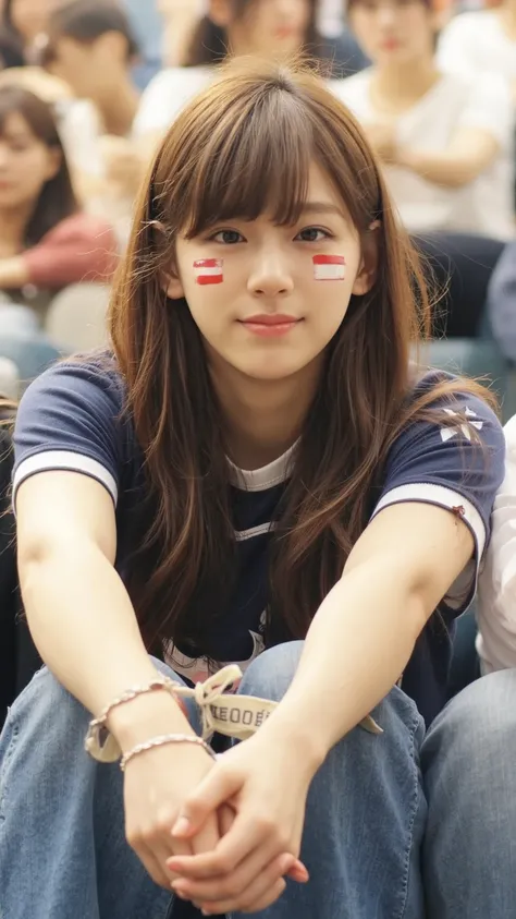 Japanese female supporters watching a soccer game、The woman watching soccer in the spectator seat of a stadium where many people are watching the game has long brown hair、The upper body is wearing a blue soccer uniform、 The lower body in the composition se...