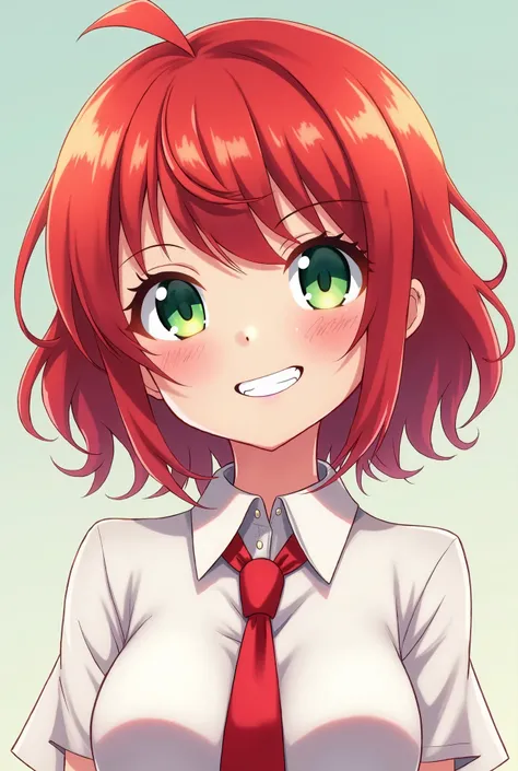 Anime young redhead with black bangs in front, wearing a white school shirt, tie, red tie, eyes in the color of the sea, grinning, smiling.