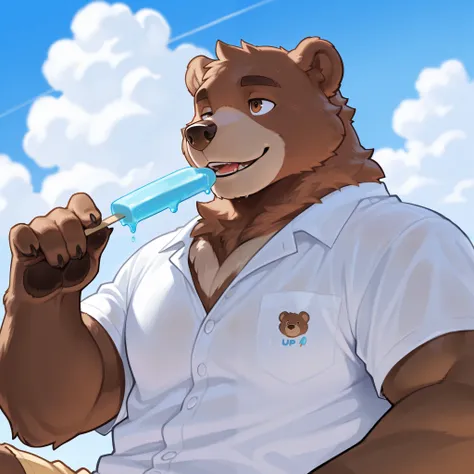 Bear furry, brown eyes, bear, buff, summer clothes, man, masculine, bear features, summer, solo, Popsicle 