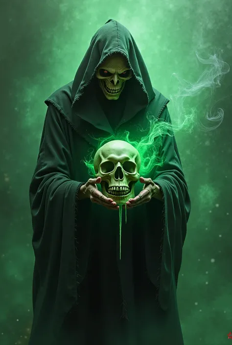 A portrait of a dead witch creepy man surrounded by a green ghost, holding a green skull in his hand, and from its skirts, chemicals, green smoke, and ghosts are coming out.