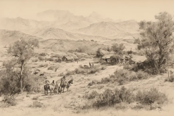 Landscape in pencil, From a Mexican ranch from 1876.  hat,  Precise,  tall details , 