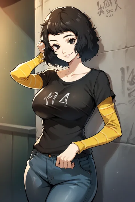 1 girl, solo, black short sleeve t-shirt, layered sleeves, white long sleeves, jeans, Sadayo Kawakami, black hair, black eyes, short hair, messy hair, black t-shirt over white long sleeves, large breasts, confident smile, striped sleeves, black and white s...