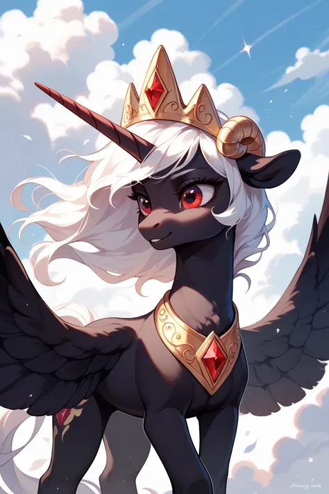 Black pony alicorn. unicorn with wings.black wool.  Red eyes . white mane. The mane is a white cloud of light