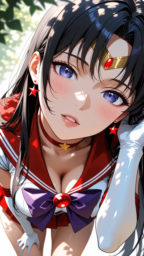 masterpiece, best quality, amazing quality, very aesthetic, high resolution, ultra-detailed, absurdres, newest, 1woman, solo, sailor mars, (sailor mars costumes), breasts, large ass, thick thighs, head tilt, leaning forward, looking at viewer, parted lips,...