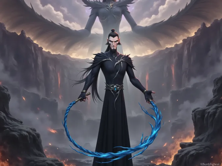 ( masterpiece, top quality:1.2), Game anime characters, alone,beard, Black Robe ,slim。Holding a blue whip in his hand。Kung Fu Action ,flame,cliff,Ominous clouds,dragon,Grand scene,Large game scene
