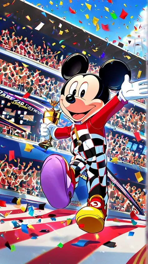 Racing Track、 Lightning McQueen winking 、 winning trophy next to Lightning McQueen 、 Mickey Mouse wearing a red and white racing costume 、 Mickey Mouse is putting his hand on Lightning McQueen、 Clear blue sky 、Confetti scattering 、 Hi-Res,  Masterpiece,  t...