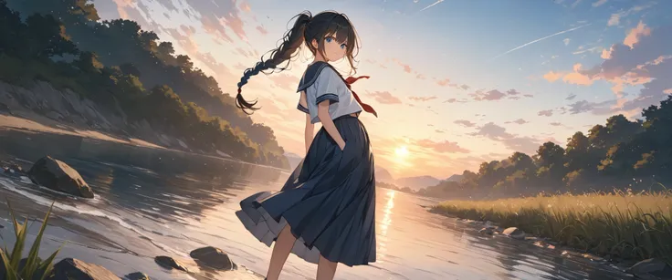 Anime、((   falling from the sky is amazingly ridiculous )),( Masterpiece:1.2),超  Hi-Res,    Attention to Details  ,   high quality,   Hi-Res, 最  high quality, 4K, 8k、  girl 、  With Hands in Pockets 、  long hair、    black hair、  super long braids 、Tie at ba...