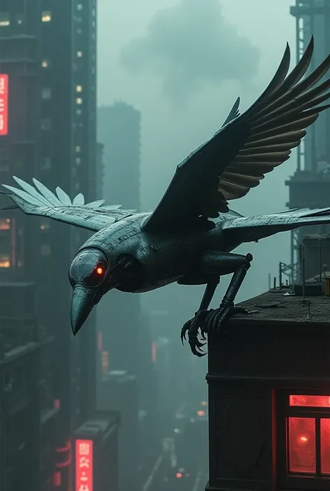 Create an image of a hybrid creature that is a fusion of a fighter jet and a crow, set in a dark, futuristic cityscape. The creature has the sleek metallic body of a warplane, with wings that resemble both jet wings and feathered crow wings, blending techn...