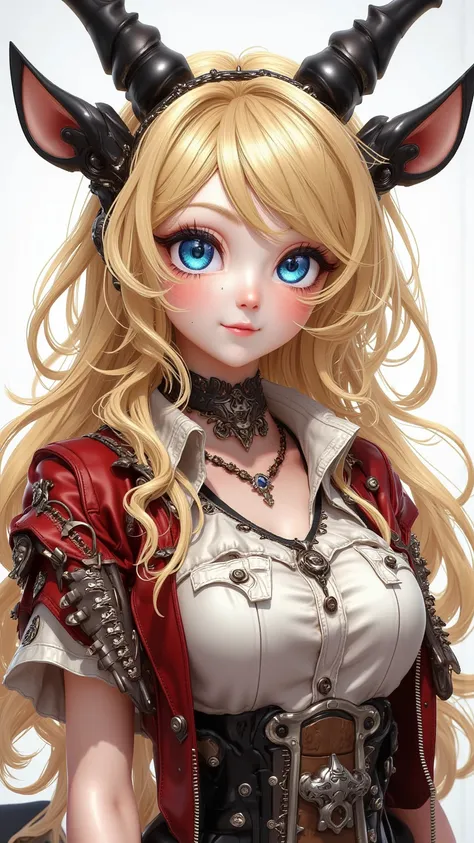  Charming artwork ， showcasing Ellie Buckingham's western style ，Showcasing her bright blonde hair 、 Eye-catching bright blue eyes ， as well as her very large bouncy chest and quirky black goat horns， contour striking bold lines 。