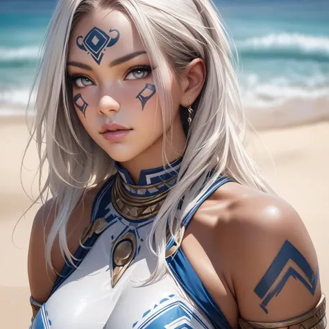 hyper realistic, high resolution, masterpiece, detailed, solo, young beautiful Atlantean woman, curvy, tan skin, grey eyes, white hair, tribal face tattoo blue,  white bodysuit, sapphire flip flops 