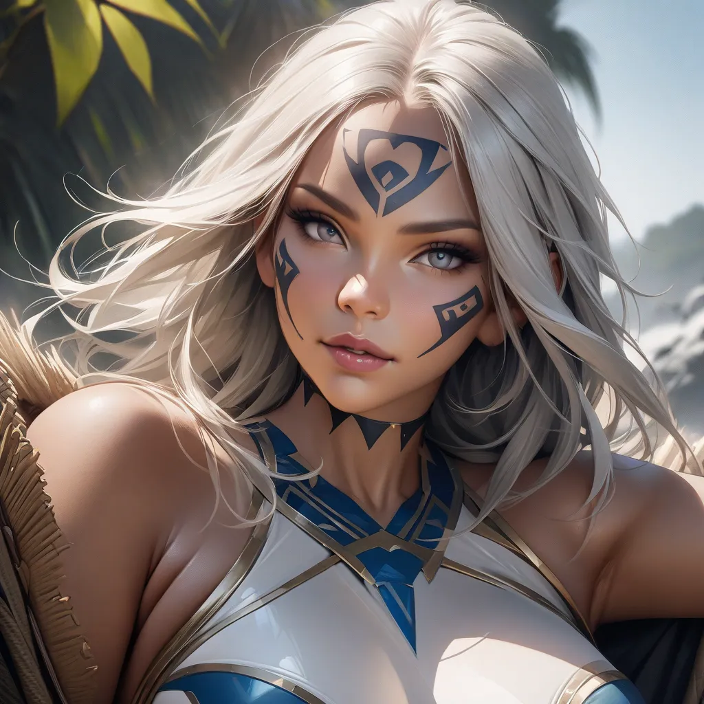 hyper realistic, high resolution, masterpiece, detailed, solo, young beautiful Atlantean woman, curvy, tan skin, grey eyes, white hair, tribal face tattoo blue,  white bodysuit, sapphire flip flops 