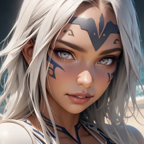 hyper realistic, high resolution, masterpiece, detailed, solo, young beautiful Atlantean woman, curvy, tan skin, grey eyes, white hair, tribal face tattoo blue,  white bodysuit, sapphire flip flops 