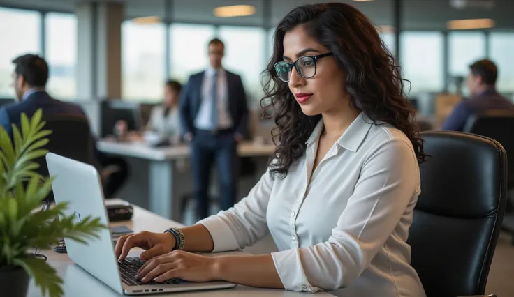 Indian 30 years old woman, curvy figure, beautiful round face, red lips, curly black long hair, wearing white shirts,wearing glass on eyes, wearing black leggings, in office,typing in laptop,room, background many collig are there