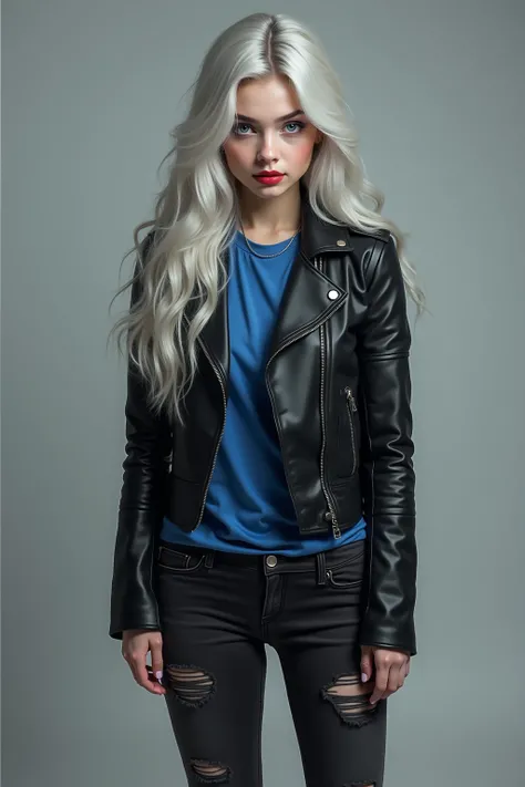 ( Fotorealismus:1.2),  a beautiful girl , she has silvery white ,  long hair,  blue eyes red lips and pale skin ,   she was wearing a black leather jacket and a blue T-shirt underneath ,  she is also wearing ripped black jeans and black leather boots 