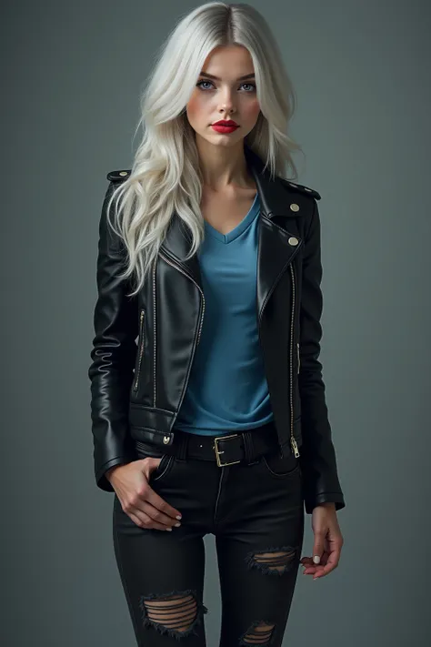 ( Fotorealismus:1.2),  a beautiful girl , she has silvery white ,  long hair,  blue eyes red lips and pale skin ,   she was wearing a black leather jacket and a blue T-shirt underneath ,  she is also wearing ripped black jeans and black leather boots 