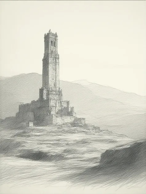 Landscape in pencil. From a monument in Spain.  hat,  Precise,  tall details , 