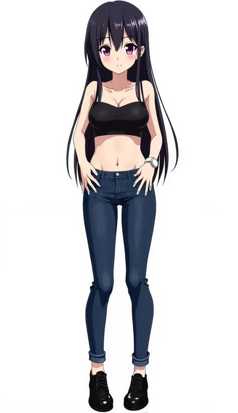 Japanese anime adolescent woman with long straight black hair and intense magenta eyes and light blue nails and white watch and wears a short black top with thin straps and bare abdomen. She also wears dark blue skinny jeans with shiny black leather shoes ...