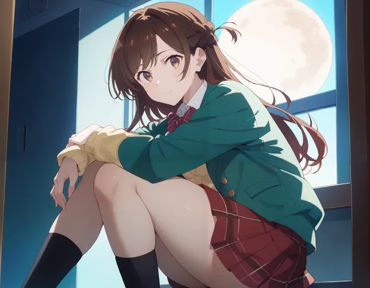  staring at viewers , Alone, Chizuru Ichinose, 1 GIRL, brown hair, long hair, french braid, brown eyes,  school's, green jacket, yellow sweater , bow tie,  plaid skirt, red skirt,  black socks, In a completely dark room, locker,  window_,Midnight circa 12:...
