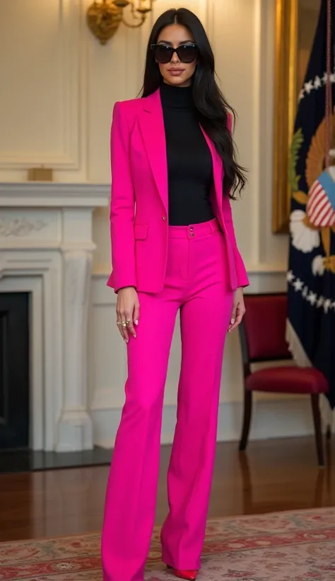 Beautiful Kim Kardashian confidently herself with black sunglasses in MAC "Angel" lipstick. smiling in a bright pink electronic suit made of fabric and a black turtleneck in bright pink fabric pants in beautiful bright pink patent leather shoes with very h...