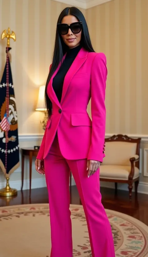 Beautiful Kim Kardashian confidently herself with black sunglasses in MAC "Angel" lipstick. smiling in a bright pink electronic suit made of fabric and a black turtleneck in bright pink fabric pants in beautiful bright pink patent leather shoes with very h...