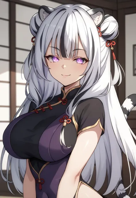 1girl, solo, long hair, white hair, black hair, multicolored hair, white tiger ears, white tiger tail, half-lidded eyes, purple eyes, chinese clothes, purple clothes, black clothes, multicolored clothes, bracelets, twin buns hairpins, large breasts, mature...