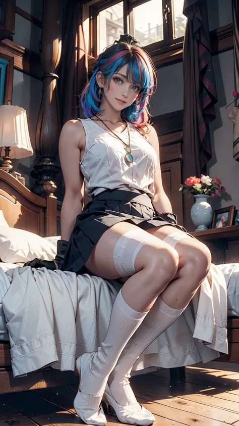  top quality,  Masterpiece,  1 GIRL, Alone, ferry,  long hair, ferryBase,  thigh high socks,  shoulder out,   jewelry,  sleeveless, white dress,   blue skirt,  gloves,  bed room,  bed,  wooden floor ,  Seated ,  Seated  on  bed, from below, Put your hands ...