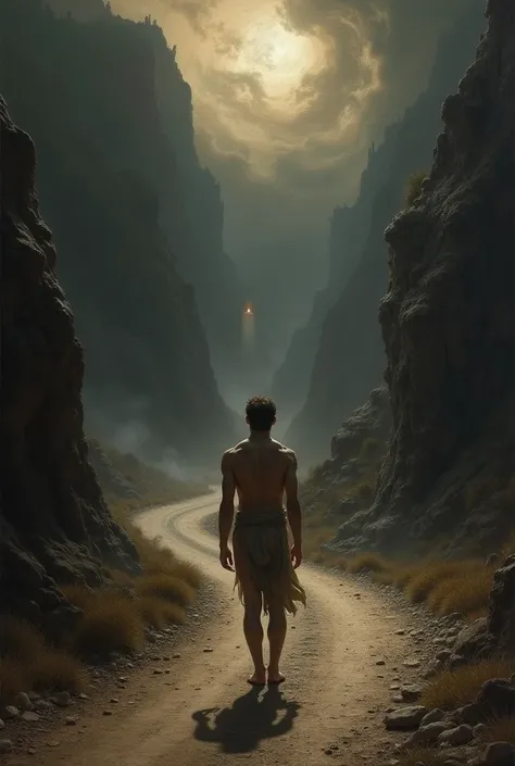 "A dramatic Romanticism-style scene (1780–1850) depicting a naked man in a state of fear and confusion. He stands alone at the beginning of a treacherous, winding road that symbolizes an uncertain and ambitious journey. His body language is tense and vulne...